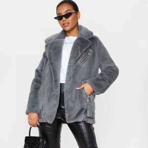 Grey Faux Fur Aviator Jacket
